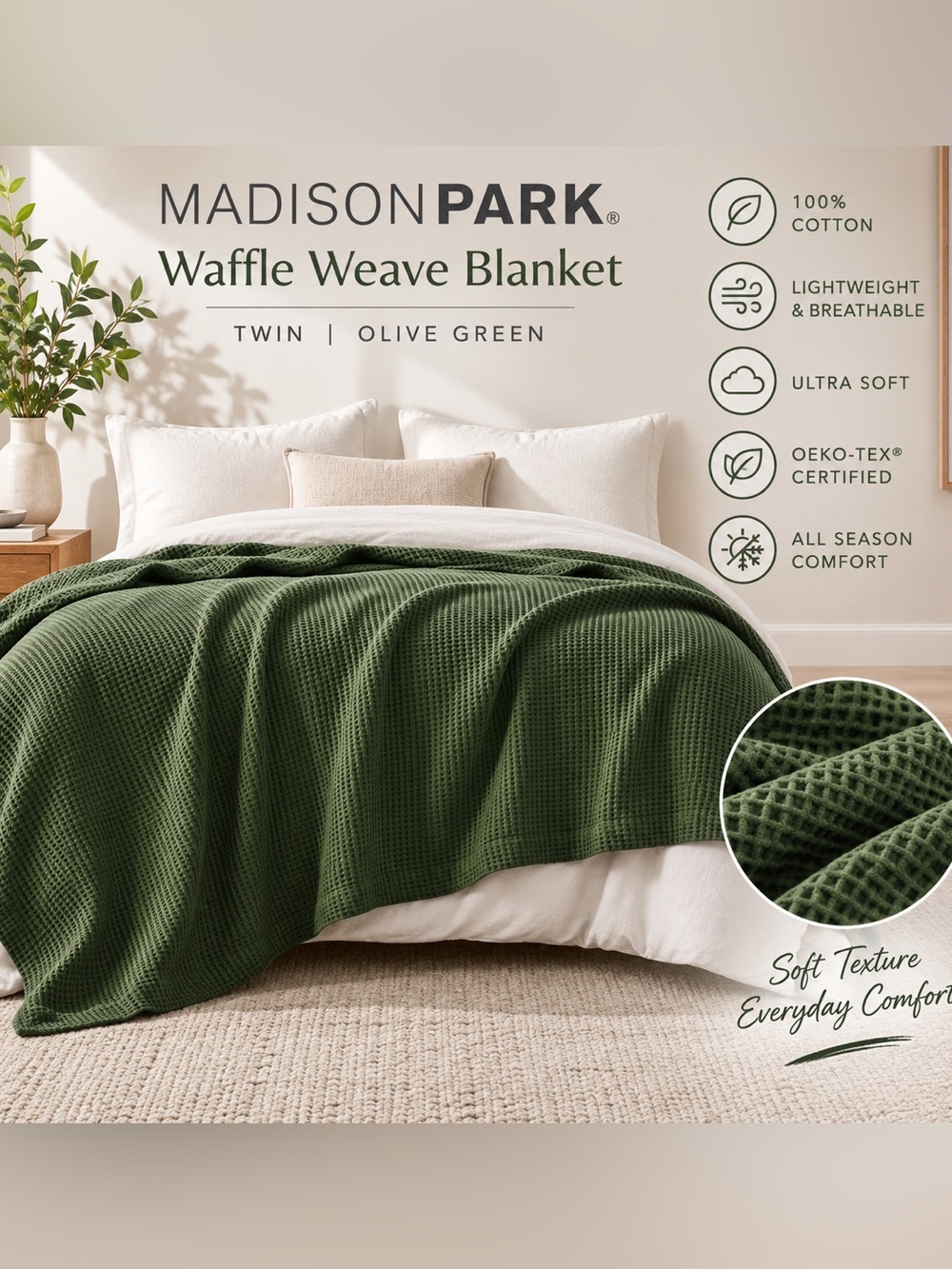 Madison Park Olive Green Cotton Waffle Weave Twin Blanket Lightweight NWT